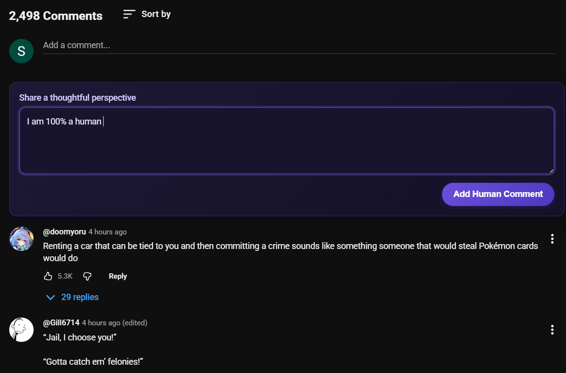 A new Human Comments panel beside YouTube comments